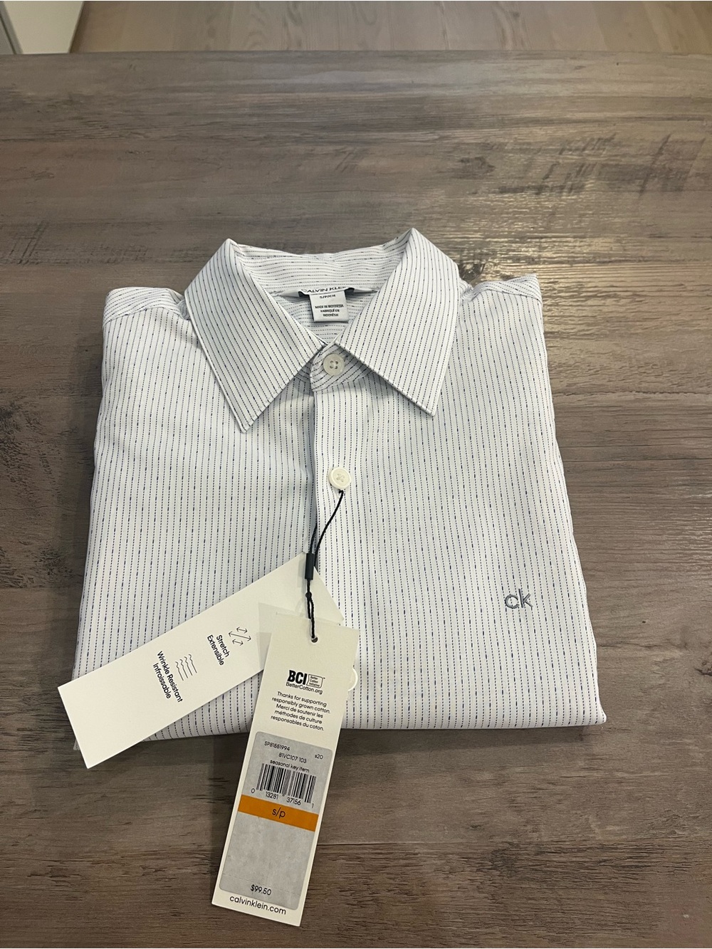 Calvin Klein Men's White Shirt with Thin Blue Pinstripes
